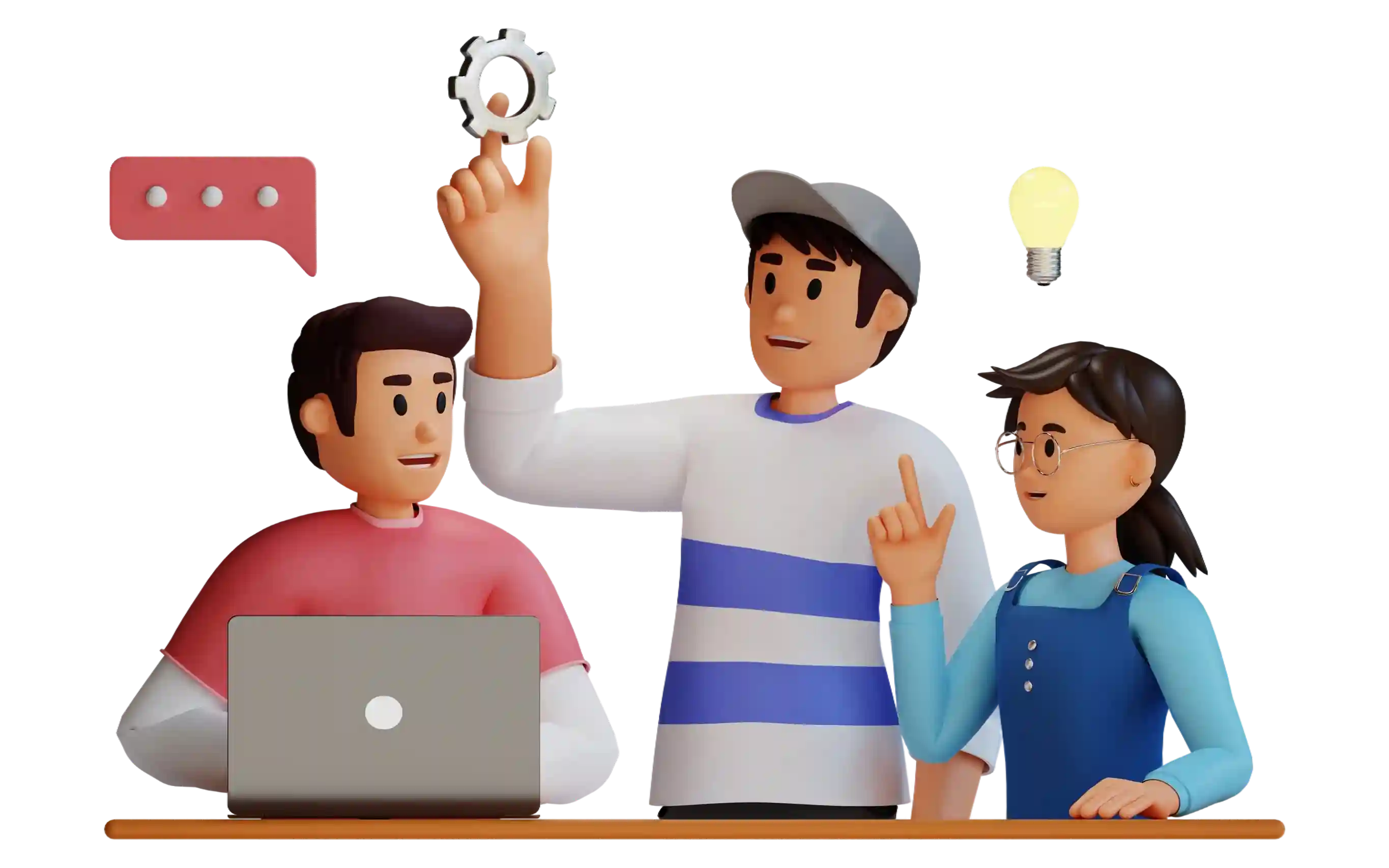 Team collaborating around a laptop and service settings